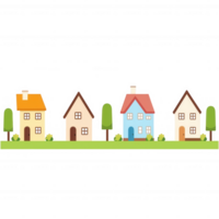 A charming illustration of colorful houses aligned next to each other, surrounded by green trees and grass, creating a vibrant neighborhood scene. png