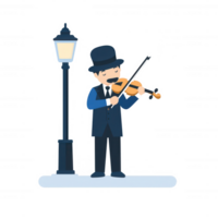 A charming street musician playing the violin beside a vintage lamp post, dressed in classic attire, creating a lively atmosphere in a cozy urban setting. png