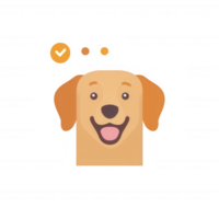 A cheerful, cartoon-style golden retriever face, with a joyful expression and playful thought bubbles. Ideal for pet-related themes and children's content. png