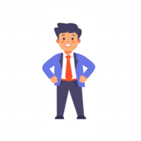 A cheerful businessman standing confidently with hands on hips, wearing a blue suit and red tie, ready to engage with clients or colleagues in a professional setting. png