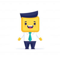 A cheerful cartoon character with a square head, wearing a suit and tie. The character is standing and smiling, conveying a positive and friendly business atmosphere. png