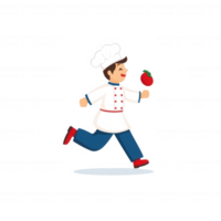 A cheerful chef running with a freshly picked tomato, showcasing a vibrant and dynamic cooking scene, emphasizing culinary passion and creativity in the kitchen. png