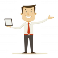 A cheerful businessman presenting a tablet, dressed in a formal shirt and tie, standing confidently and smiling against a white isolate background. png