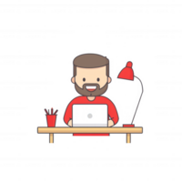 A cheerful man working on a laptop at a wooden desk with a lamp and pencils, portraying a fun and relaxed atmosphere focused on productivity and creativity. png