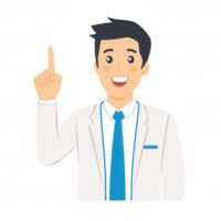 A cheerful man in a white suit and blue tie raising his finger in a gesture of communication or idea sharing, presented on a white isolated background. png