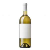 A clear bottle of white wine with a blank label, set against a smooth white background, ideal for minimalist designs and beverages promotion. png