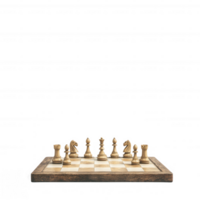 A classic wooden chess set positioned on a table, showcasing polished pieces in mid-game. Perfect for strategy lovers and game enthusiasts. png