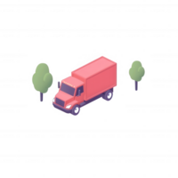 A colorful delivery truck parked near two stylized trees, featuring a modern design and isolated on a white background for easy use in various graphic projects. png