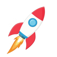 A colorful cartoon rocket ship taking off with a bright flame, perfect for imaginative projects or children's content, isolated on a white background. png