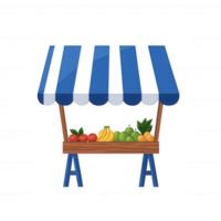 A colorful fruit stall with fresh produce, featuring a variety of fruits like bananas, tomatoes, and oranges. The stall is designed with a blue and white striped canopy. png