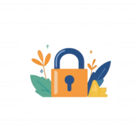 A colorful graphic featuring a padlock surrounded by vibrant leaves and shapes, symbolizing security and protection in a modern design style. png