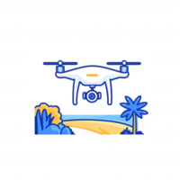 A colorful illustration of a drone flying over a scenic landscape with trees and hills, capturing stunning aerial views of nature. png