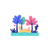 A colorful, whimsical illustration of trees and foliage surrounding a gentle hill, perfect for nature-themed projects and designs. png