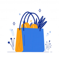 A colorful reusable shopping bag filled with fresh produce, surrounded by whimsical elements, on a white isolate background. png