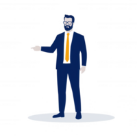 A confident businessman in a suit, presenting an idea with enthusiasm. He has glasses and a stylish beard, capturing a professional essence in a vibrant office setting. png