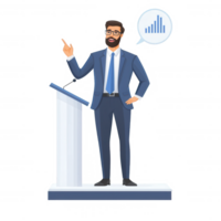 A confident speaker standing at a podium, gesturing while presenting a graph as a visual aid. Dressed in a suit, he engages the audience with effective communication. png