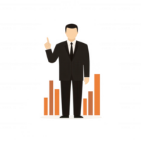 A confident businessman gesturing positively, standing in front of growth charts, symbolizing success and leadership, isolated on a white background. png