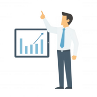 A confident businessman presenting a positive growth chart, symbolizing success and achievement in a professional setting. png