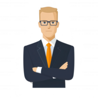 A confident business professional with glasses, wearing a suit and orange tie. Standing with arms crossed, showcasing a determined attitude. Suitable for corporate themes. png