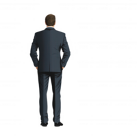 A confident businessman in a suit stands with his back facing the viewer, symbolizing leadership and decision-making png
