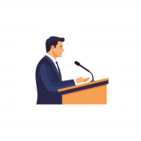 A confident speaker delivering an engaging presentation at a podium, showcasing effective communication skills and leadership qualities. png
