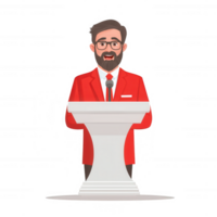 A confident speaker in a red suit standing at a podium, delivering an engaging presentation. Ideal for use in business and communication-related projects. png