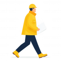 A construction worker in a bright yellow jacket and helmet walks confidently, holding architectural plans, showcasing professionalism and dedication in a modern work environment. png
