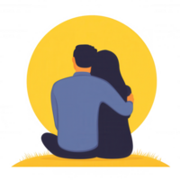 A couple embraces, enjoying a heartfelt moment together. The scene is set against a warm, circular backdrop, symbolizing love and connection. png