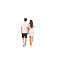 A couple walking hand-in-hand, showcasing love and companionship. They are dressed casually, radiating joy and connection while strolling on an outdoor path. png