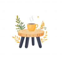 A cozy illustration featuring a wooden table with a steaming cup of coffee, surrounded by green and golden leaves, creating a warm and inviting atmosphere. png