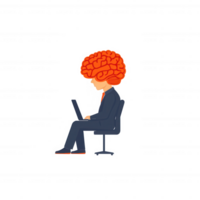 uma criativo ilustração do uma pessoa sentado e trabalhando em uma computador portátil, apresentando uma vibrante cérebro Como a cabeça, simbolizando inteligência e Inovativa pensamento, isolado em uma branco BA png