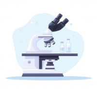 A detailed illustration of a laboratory microscope with test tubes, symbolizing scientific research and innovation, set against a soft, abstract background. png