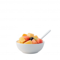 A fresh and colorful bowl of mixed fruit salad including watermelon, cantaloupe, honeydew, and blueberries, served with a simple white spoon against a white background. png
