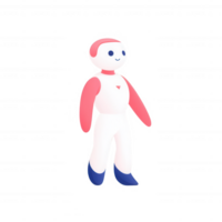 A friendly, colorful robot character stands upright with a vibrant design, featuring a cheerful expression and stylized limbs, set against a white isolated background. png