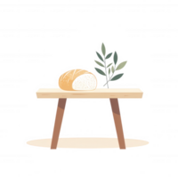 A freshly baked loaf of bread displayed on a wooden table, accompanied by a sprig of green leaves, creating a warm and inviting atmosphere. png