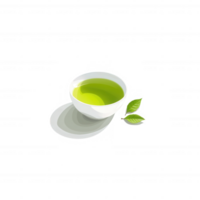 A fresh cup of green tea accompanied by green tea leaves, set against a white isolated background, showcasing the vibrant color and elegance of the beverage. png