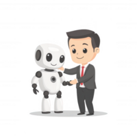 A friendly interaction between a businessman and a robot, showcasing the future of technology and collaboration. Ideal for concepts related to AI and robotics in the workplace. png
