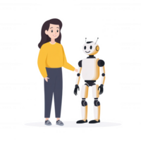 A friendly interaction between a woman and a humanoid robot, emphasizing the bond between humans and technology. Ideal for showcasing human-robot collaboration. png