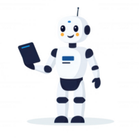 A friendly robot character holding a tablet, showcasing advanced technology with a modern design. Ideal for illustrating robotics, AI advancement, or digital innovation. png