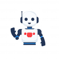 A friendly robot character with headphones and a waving hand, designed for digital usage on a white isolated background, perfect for tech themes or AI concepts. png