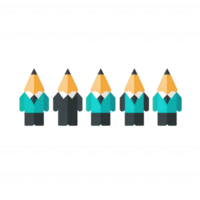 A group of cartoon pencil characters dressed in business attire, symbolizing creativity and professionalism, isolated on a white background. png