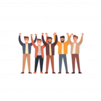 A group of diverse men celebrating together with raised arms in a joyful expression. A vibrant illustration depicting unity and happiness. png