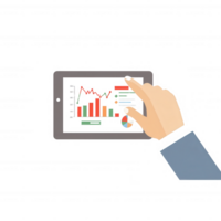 A hand interacting with a tablet displaying colorful graphs and data, showcasing the analysis in a modern digital environment. png