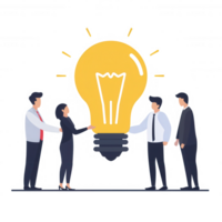 A group of professionals exchanging innovative ideas, represented by a large light bulb. Ideal for concepts like teamwork, collaboration, and brainstorming in a business context. png