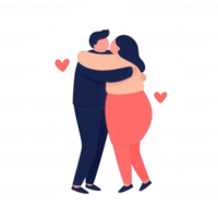A joyful couple embraces, surrounded by hearts, symbolizing love and connection. The characters are illustrated in a playful, modern style, suitable for romantic themes. png