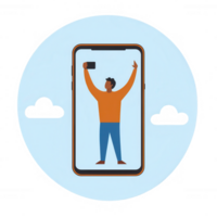 A joyful person taking a selfie with a smartphone, surrounded by stylized clouds, depicting modern communication and self-expression in a digital age. png