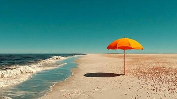 A single colorful beach umbrella perched on an empty beach, with soft golden sand stretching out under a bright, cloudless sky photo