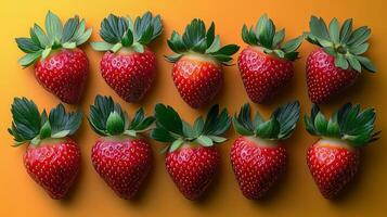 Freshly picked strawberries with green leaves are laid out in a row on a bright background photo