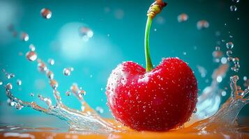 A single cherry tree suspended in the air, with juice splashing around it, against a bright turquoise background photo