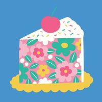 Cherry on Floral Pattern Cake Slice in Flat Style vector